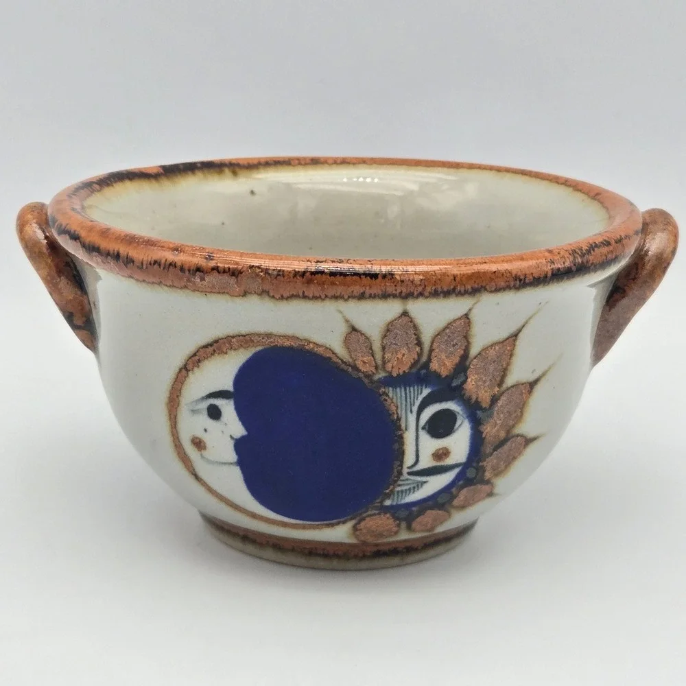 Vintage Tonala Pottery Bowl Sun Moon Celestial Cobalt Blue Hand Painted Mexico